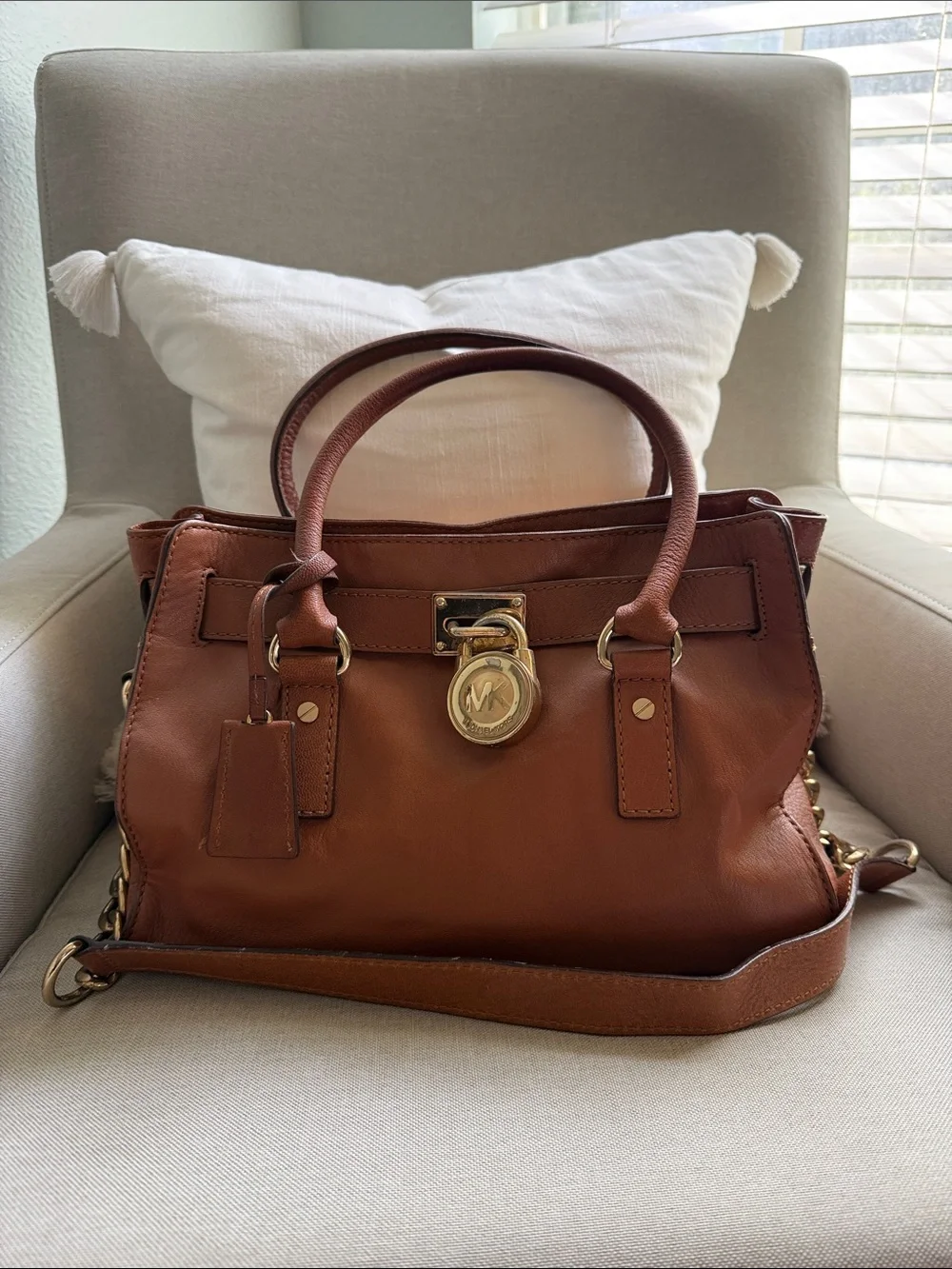 Michael Kors Cognac Leather Satchel with Gold Hardware